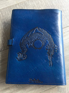 A4 Leather Journal Cover - Celtic Welsh Dragon - Blue - with clasp