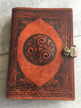 Load image into Gallery viewer, A5 Leather Journal Cover - Celtic Triskele - Brown - with Clasp
