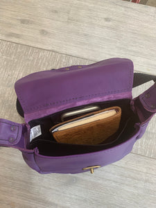 Leather Handbag Individually Handmade - Purple with Celtic Shield Knot design on front - with swing clasp and adjustable Leather strap