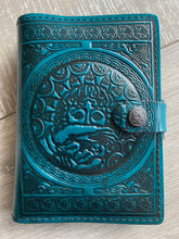 Load image into Gallery viewer, A6 Leather Journal Cover - Celtic Mother Earth - Teal
