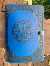 Load image into Gallery viewer, A4 Leather Journal Cover - Celtic Horses - Blue
