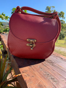 Leather Handbag Individually Handmade - Red - with swing clasp and adjustable Leather strap