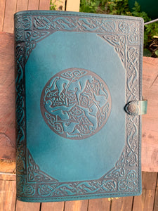 A4 Leather Journal Cover - Celtic Horses - Dark Teal