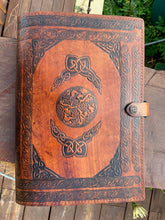 Load image into Gallery viewer, A4 Leather Journal Cover - Celtic Horses with Claddagh - Brown
