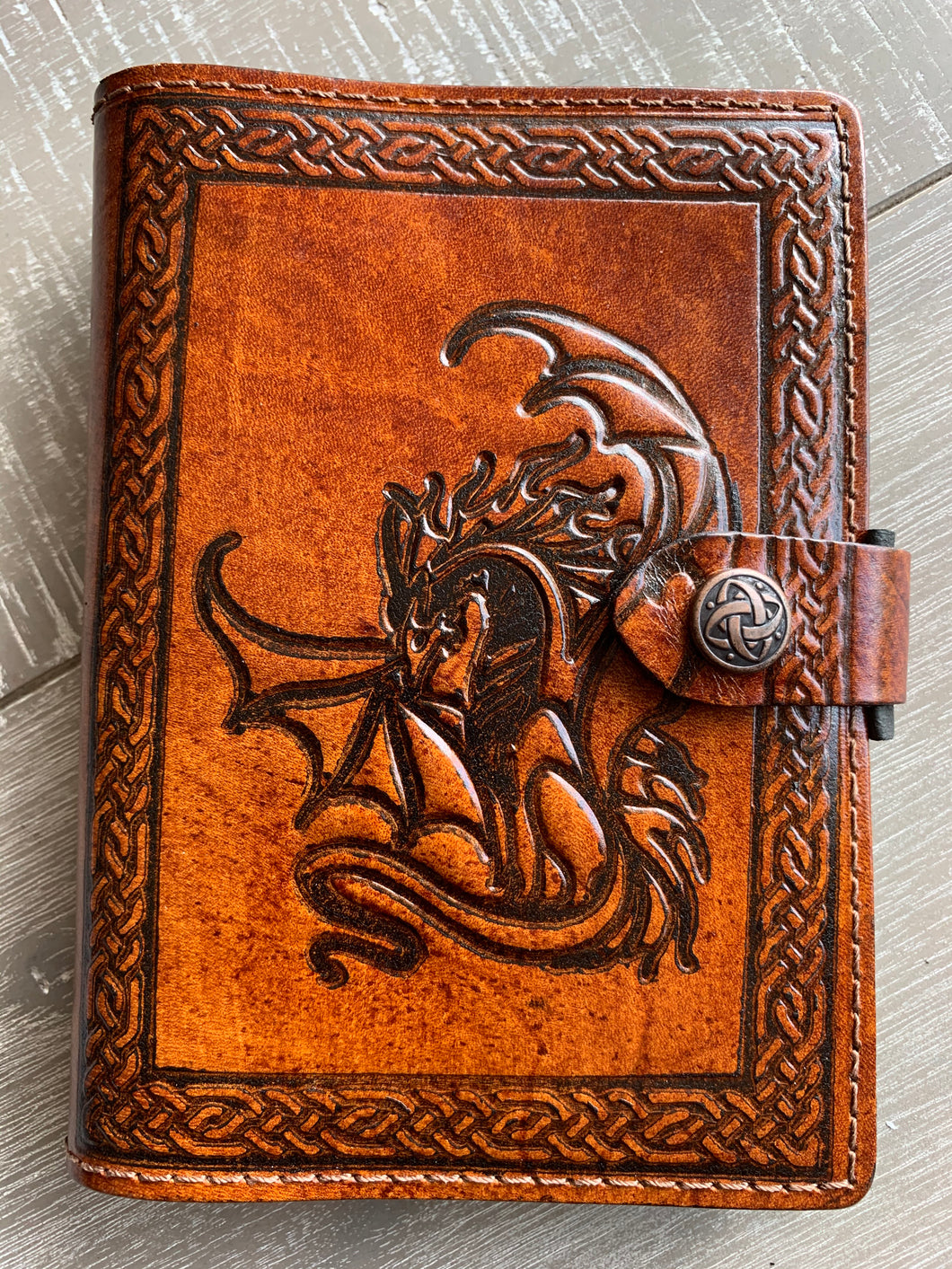 A6 Leather Journal Cover - Celtic Dragon - Brown