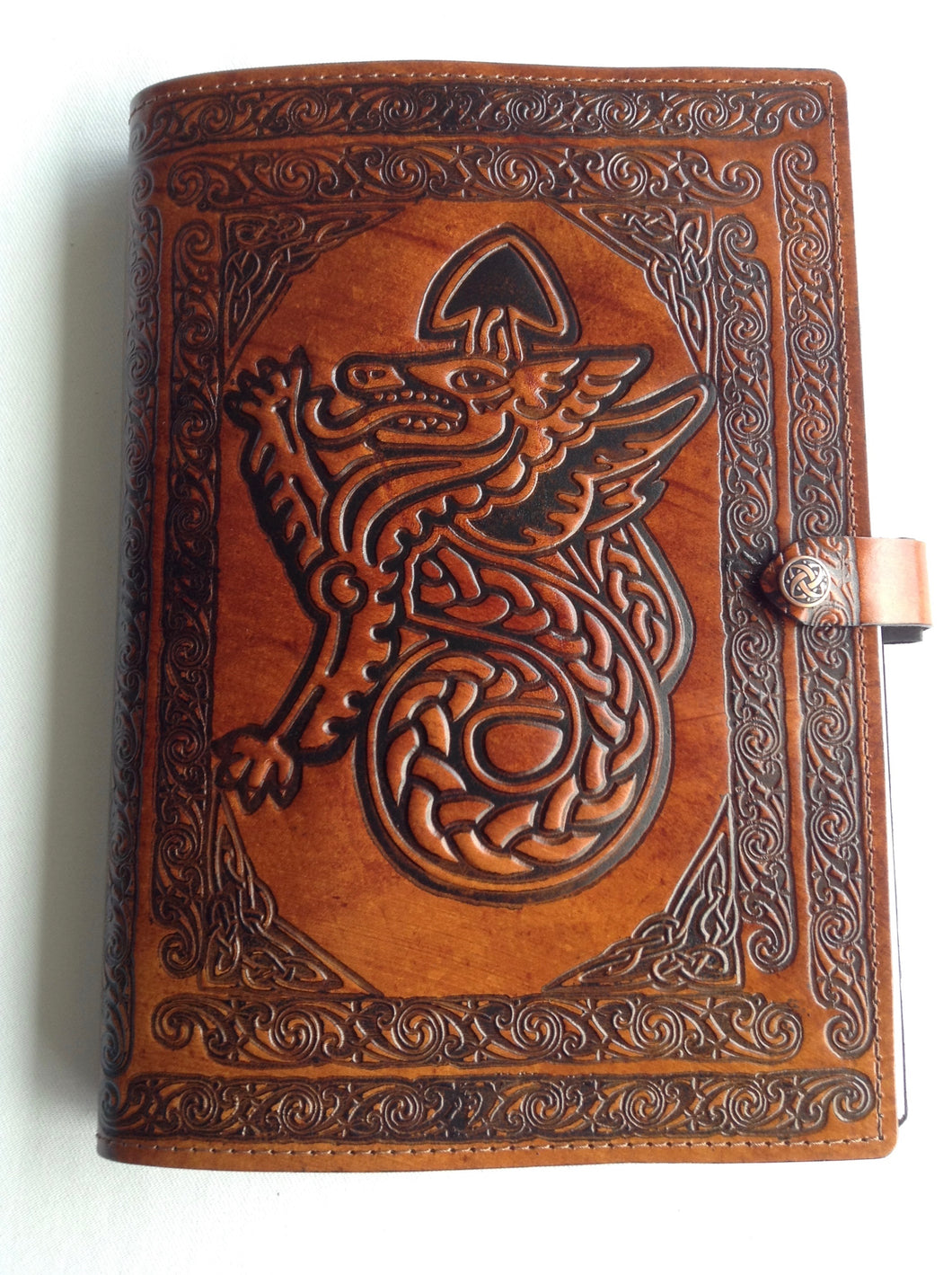 A4 Leather Journal Cover - Celtic Welsh Dragon - Brown
