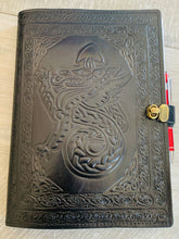 Load image into Gallery viewer, A4 Leather Journal Cover - Celtic Welsh Dragon - Black - with clasp
