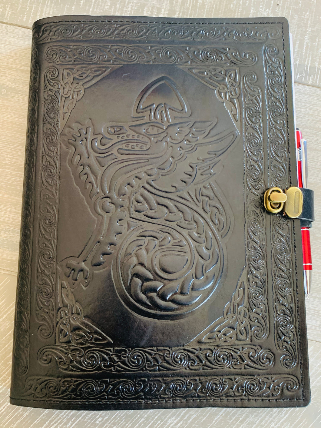 A4 Leather Journal Cover - Celtic Welsh Dragon - Black - with clasp