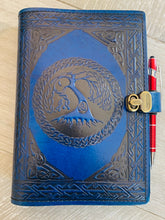 Load image into Gallery viewer, A5 Leather Journal Cover - Celtic Tree of Life - Blue - with Clasp
