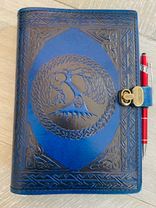 A5 Leather Journal Cover - Celtic Tree of Life - Blue - with Clasp