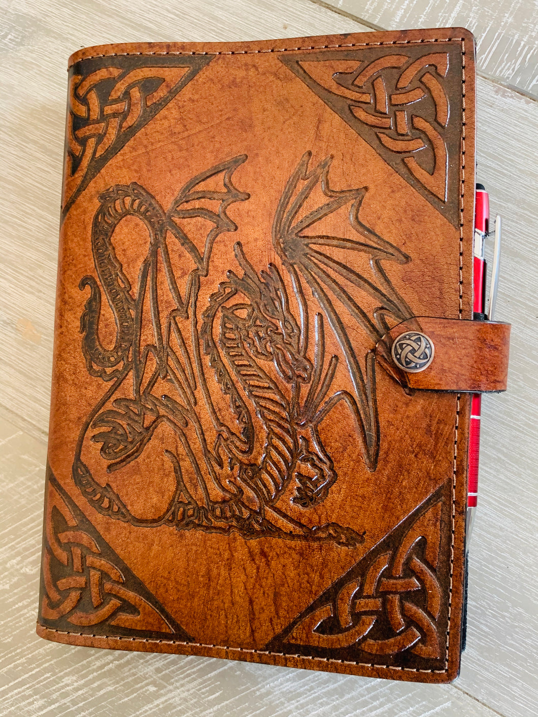 A5 Leather Journal Cover - Celtic Dragon 1 - Brown