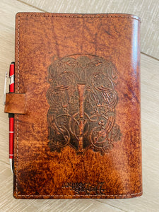 A5 Leather Journal Cover - Celtic Tree of Life with Double Chain of Life Border - Brown