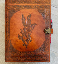 Load image into Gallery viewer, A4 Leather Journal Cover - Celtic Shy Fairy - Brown - with Clasp

