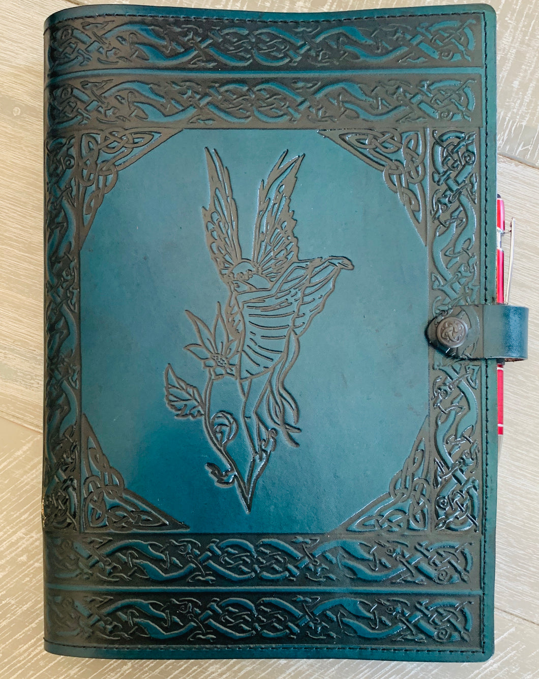 A4 Leather Journal Cover - Celtic Shy Fairy - Green