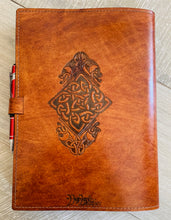 Load image into Gallery viewer, A4 Leather Journal Cover - Celtic Mother Earth with Circling Fairies - Brown

