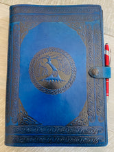 Load image into Gallery viewer, A4 Leather Journal Cover - Celtic Tree of Life with Double Wave of Life Border - Blue
