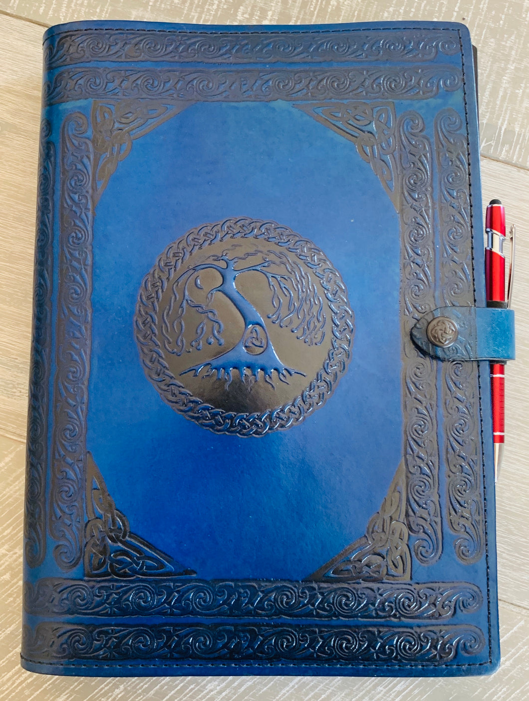 A4 Leather Journal Cover - Celtic Tree of Life with Double Wave of Life Border - Blue