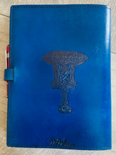 Load image into Gallery viewer, A4 Leather Journal Cover - Celtic Tree of Life with Double Wave of Life Border - Blue
