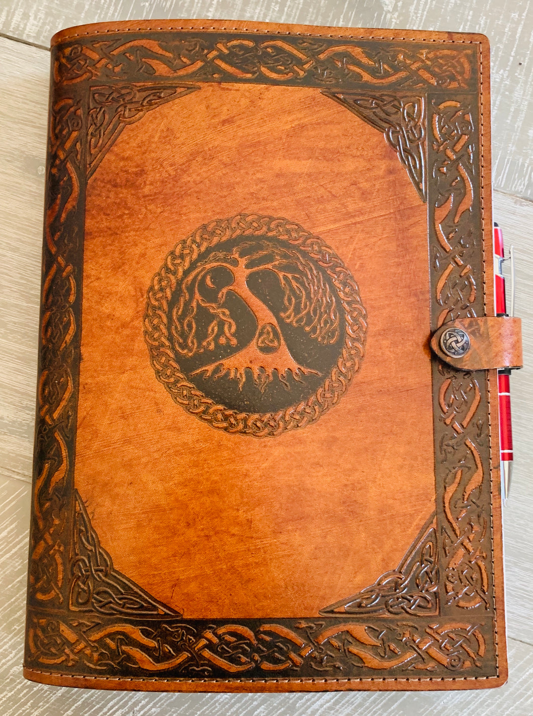 A4 Leather Journal Cover - Celtic Tree of Life - Brown