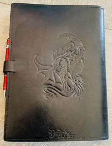 A4 Leather Journal Cover - Celtic Welsh Dragon - Black - with clasp