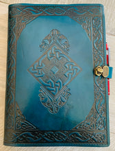 Load image into Gallery viewer, A4 Leather Journal Cover - Celtic Diamond Knot with Gargoyles - Green - with clasp
