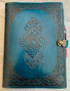 A4 Leather Journal Cover - Celtic Diamond Knot with Gargoyles - Green - with clasp