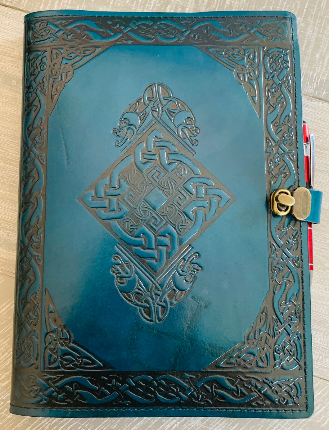 A4 Leather Journal Cover - Celtic Diamond Knot with Gargoyles - Green - with clasp