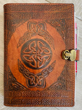 Load image into Gallery viewer, A5 Leather Journal Cover - Celtic Shield Knot with Claddagh - Brown - with Clasp
