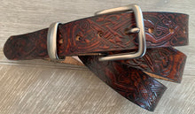 Load image into Gallery viewer, Handmade Leather Belt Full Grain - Hand Dyed brown, Individually Embossed with Celtic design &amp; removable buckle 1.5&quot;/38mm
