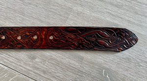 Handmade Leather Belt Full Grain - Hand Dyed brown, Individually Embossed with Celtic design & removable buckle 1.5"/38mm