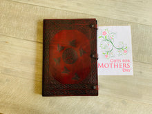 Load image into Gallery viewer, A3 Leather Journal Cover - Celtic Circling Fairies around Mother Earth  - Burgundy
