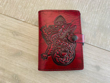 Load image into Gallery viewer, A6 Leather Journal Cover - Celtic Welsh Dragon - Burgundy

