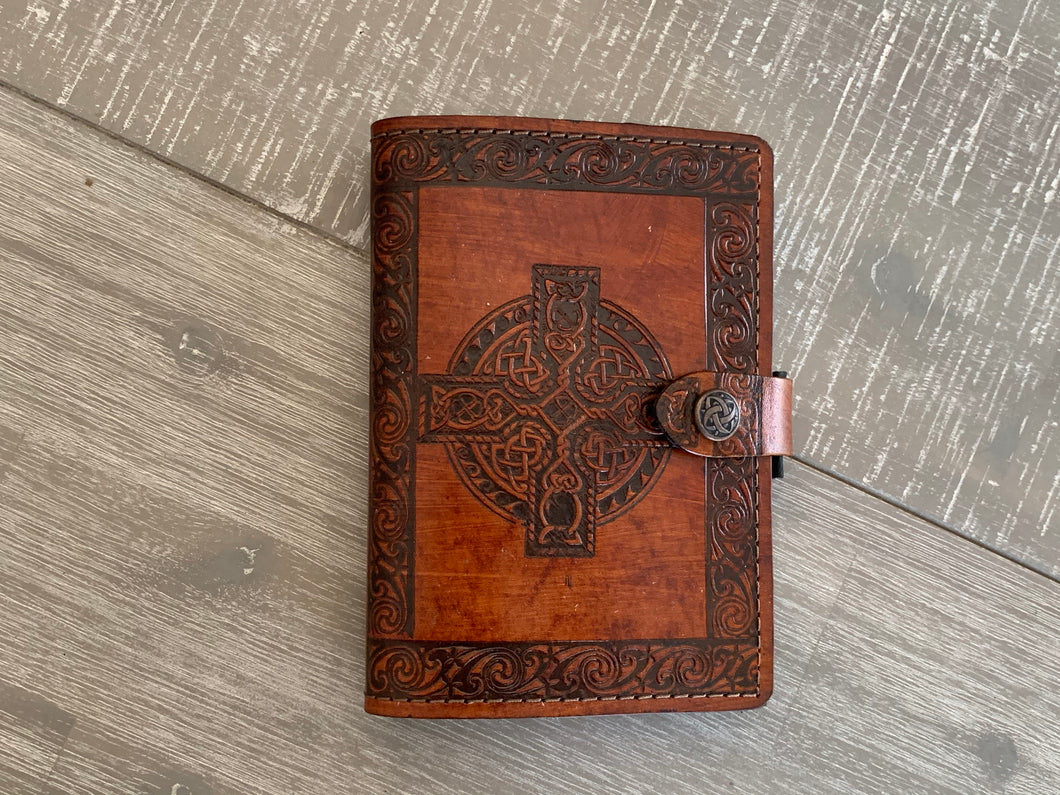 A6 Leather Journal Cover - Celtic Cross - Brown