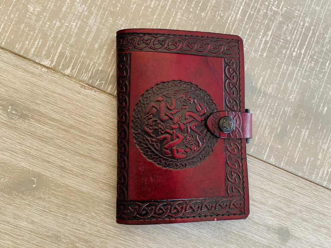 A6 Leather Journal Cover - Celtic Mind Body Spirit - Burgundy