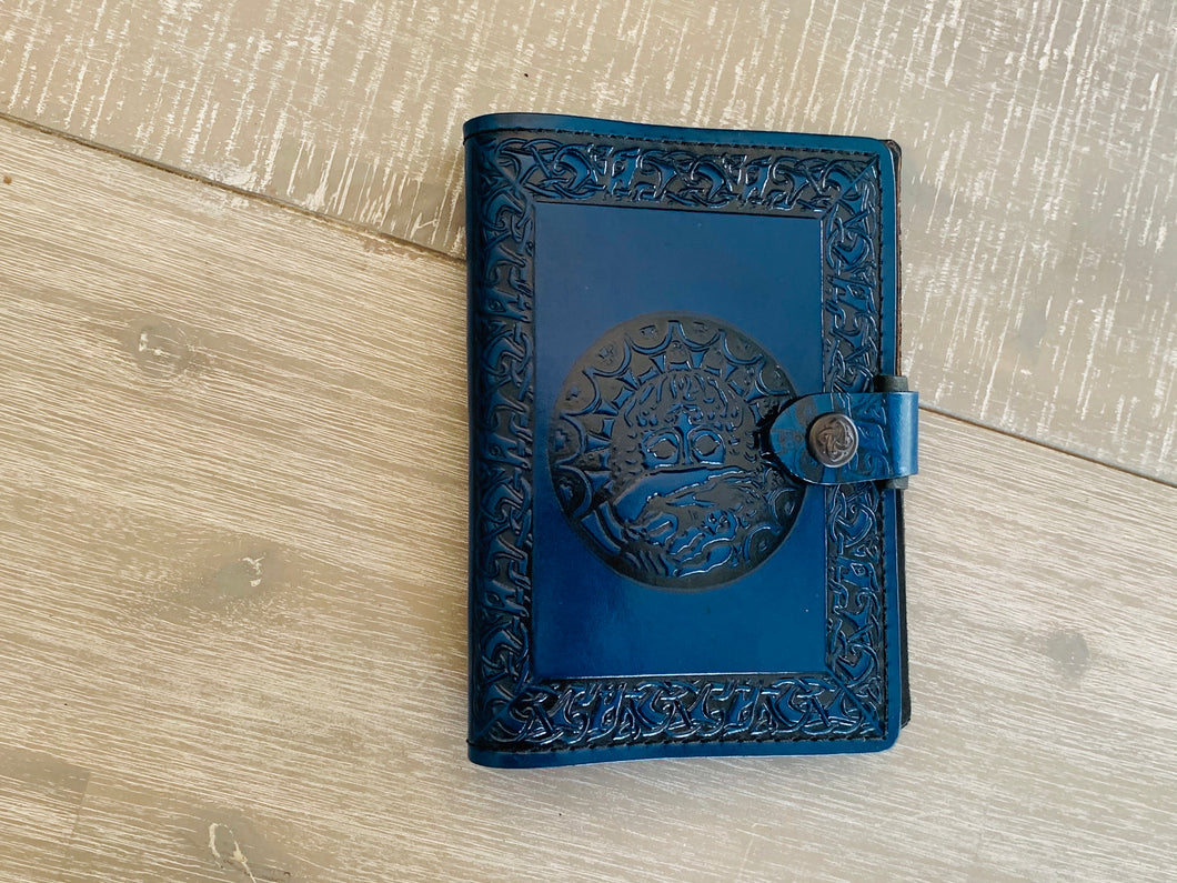 A6 Leather Journal Cover - Celtic Mother Earth - Blue