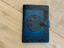 Load image into Gallery viewer, A6 Leather Journal Cover - Celtic Hounds - Blue
