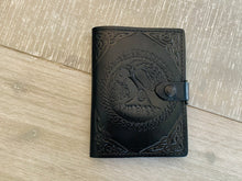 Load image into Gallery viewer, A6 Leather Journal Cover - Celtic Tree of Life with Corner Pieces - Black
