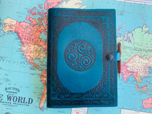 Load image into Gallery viewer, A4 Leather Journal Cover - Celtic Triskele or Triple Spiral - Green
