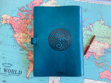 Load image into Gallery viewer, A4 Leather Journal Cover - Celtic Triskele or Triple Spiral - Green
