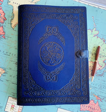 Load image into Gallery viewer, A4 Leather Journal Cover - Celtic Hounds with Claddagh - Blue
