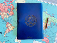 Load image into Gallery viewer, A4 Leather Journal Cover - Celtic Hounds with Claddagh - Blue
