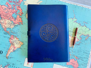 A4 Leather Journal Cover - Celtic Hounds with Claddagh - Blue