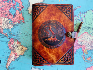 A5 Leather Journal Cover - Celtic Tree of Life with corner pieces - Brown - with Clasp