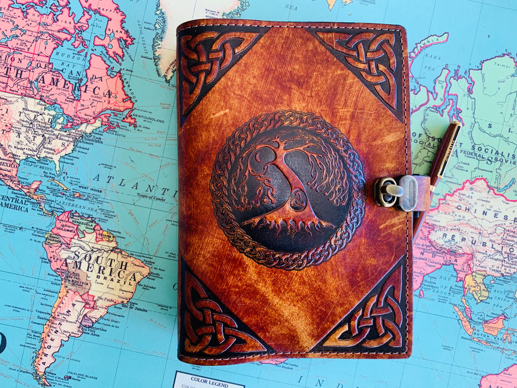 A5 Leather Journal Cover - Celtic Tree of Life with corner pieces - Brown - with Clasp