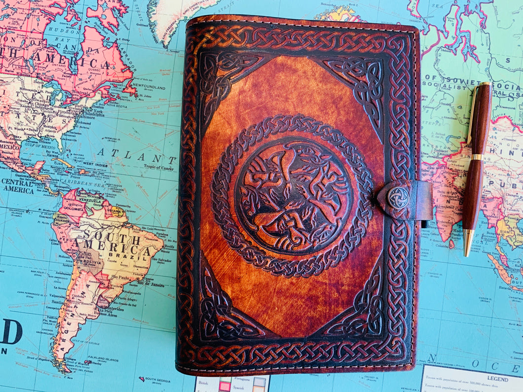 A5 Leather Journal Cover - Celtic Hounds - Brown
