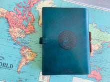 Load image into Gallery viewer, A4 Leather Journal Cover - Celtic Tree of Life - Green - with double sleeping dragons border
