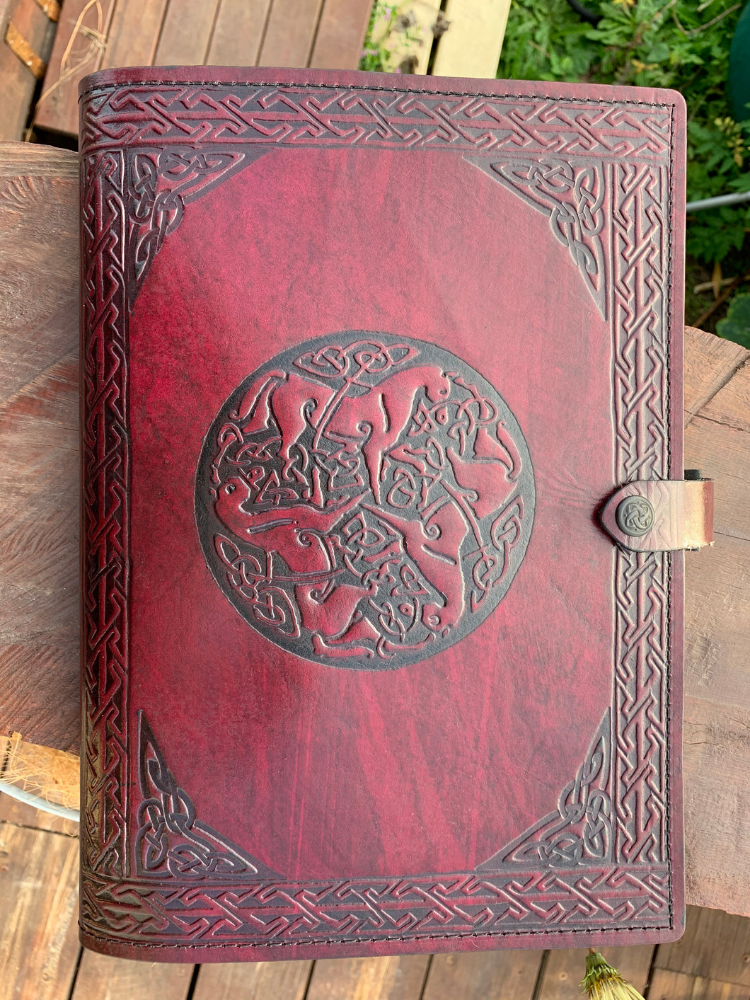 A4 Leather Journal Cover - Celtic Horses - Burgundy