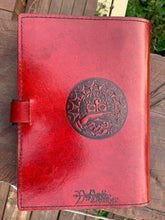 Load image into Gallery viewer, A5 Leather Journal Cover - Celtic Goddess of the Well - Red - with Clasp
