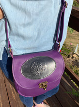 Load image into Gallery viewer, Leather Handbag Individually Handmade - Purple with Celtic Shield Knot design on front - with swing clasp and adjustable Leather strap
