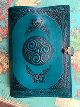 Load image into Gallery viewer, A4 Leather Journal Cover - Celtic Triskele or Triple Spiral with Claddagh - Green - with Clasp
